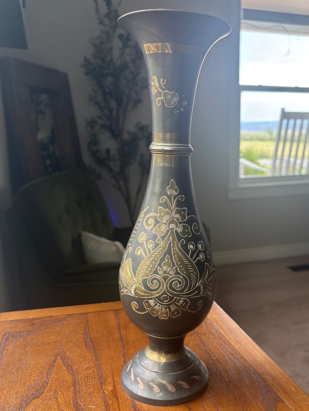 Vintage Solid Brass Vase from India 13-1/2” Tall